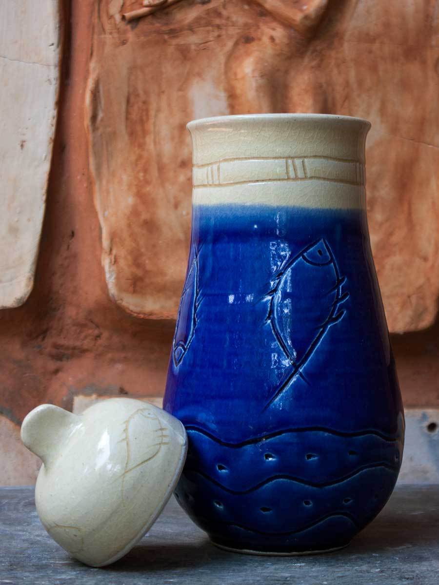 Indigo Waves Hand-Thrown Carved Ceramic Jar - Big