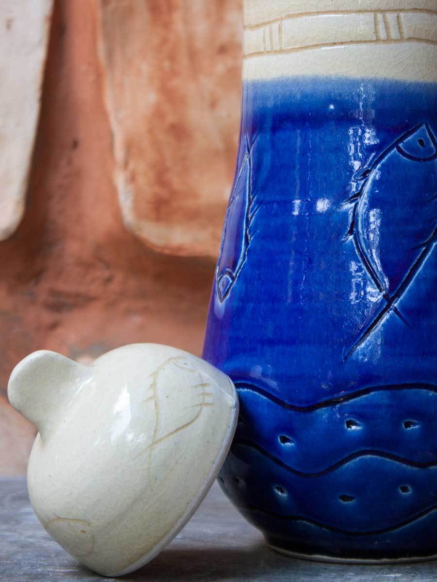 Indigo Waves Hand-Thrown Carved Ceramic Jar - Big