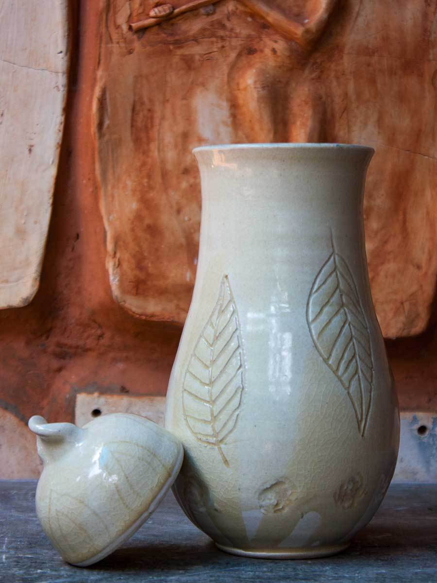 Lilac Leaf Hand-Thrown Carved Ceramic Jar - Large