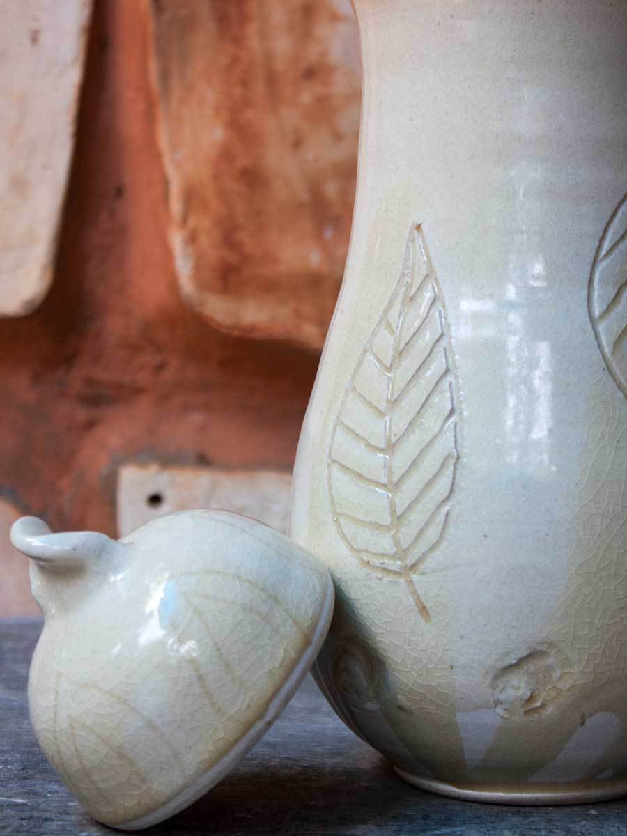 Lilac Leaf Hand-Thrown Carved Ceramic Jar - Large