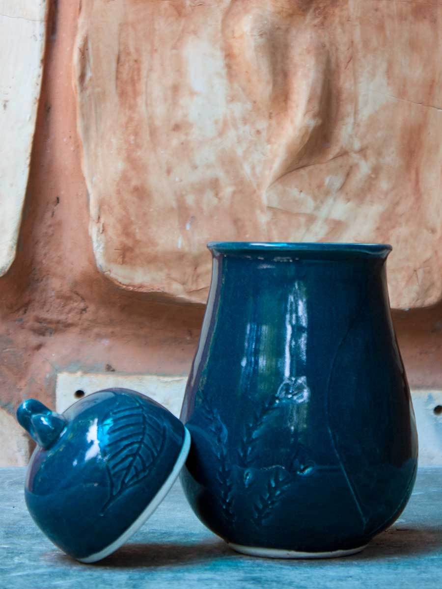 Solid Teal Hand-Thrown Carved Ceramic Jar - Medium
