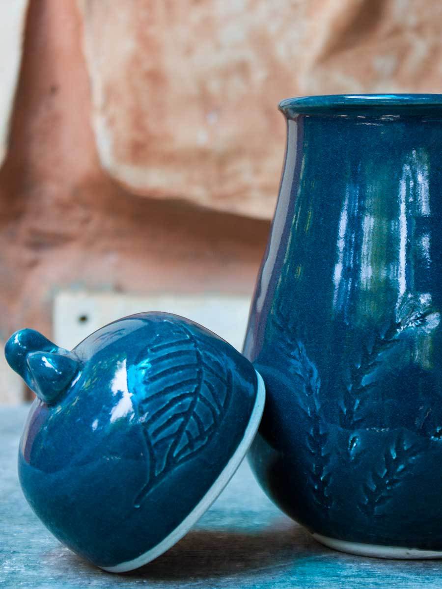 Solid Teal Hand-Thrown Carved Ceramic Jar - Medium