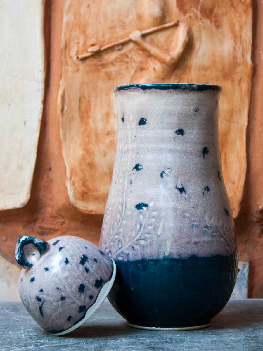 Spotted Indigo Hand-Thrown Carved Ceramic Jar - Large