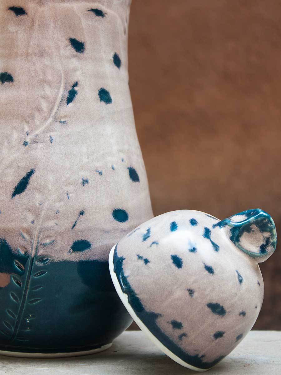 Spotted Indigo Hand-Thrown Carved Ceramic Jar - Large