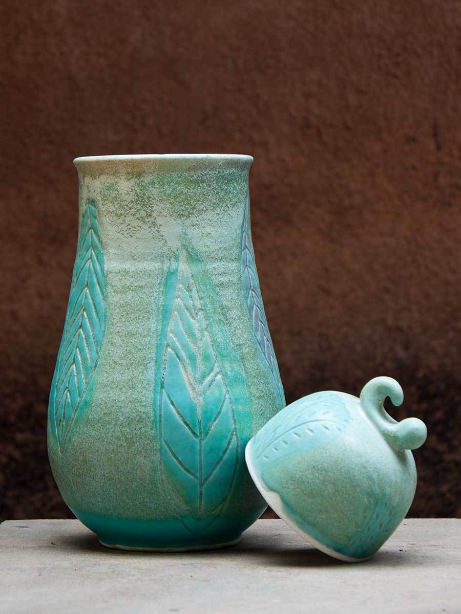 Turquoise Leaf Hand-Thrown Carved Ceramic Jar - Large