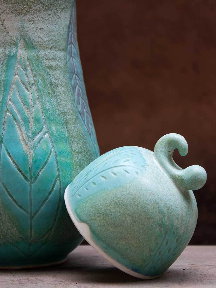 Turquoise Leaf Hand-Thrown Carved Ceramic Jar - Large