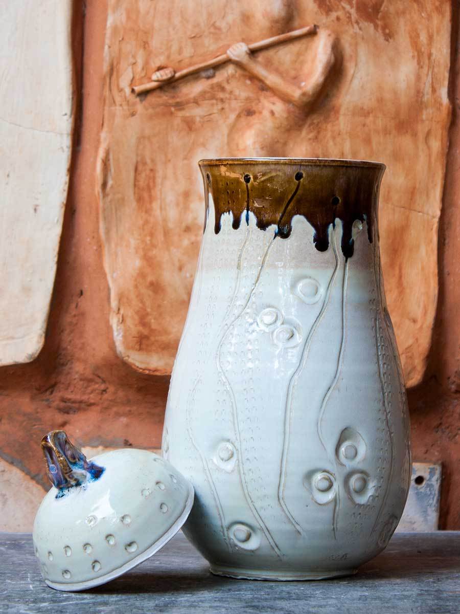 White Creeper Hand-Thrown Carved Ceramic Jar - Large