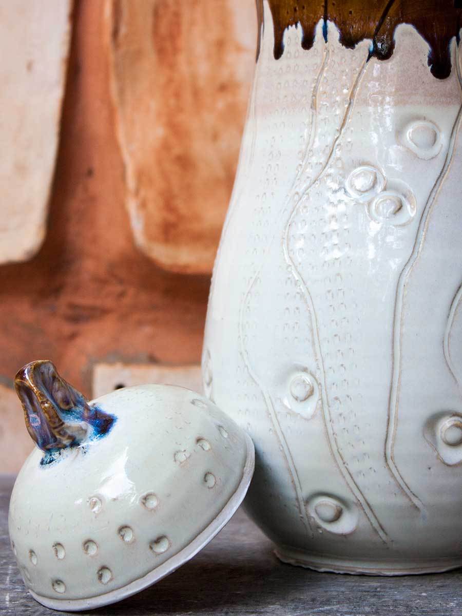 White Creeper Hand-Thrown Carved Ceramic Jar - Large